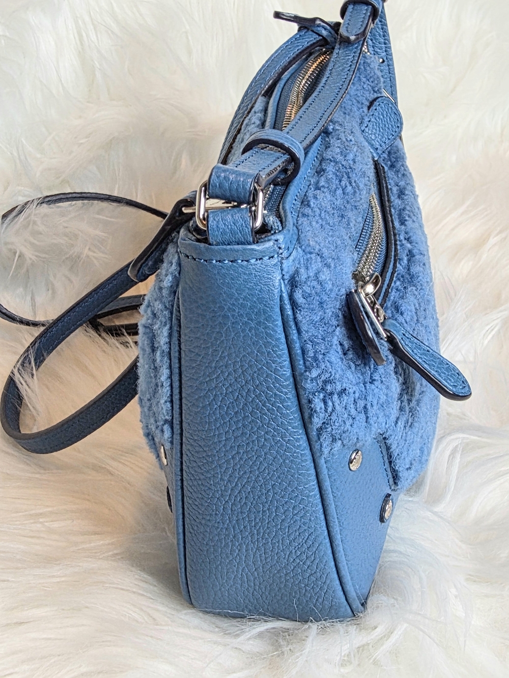 Coach Rhyder Shearling & Pebble Leather Crossbody Bag In Blue  Style #36490 - Picture 10 of 11